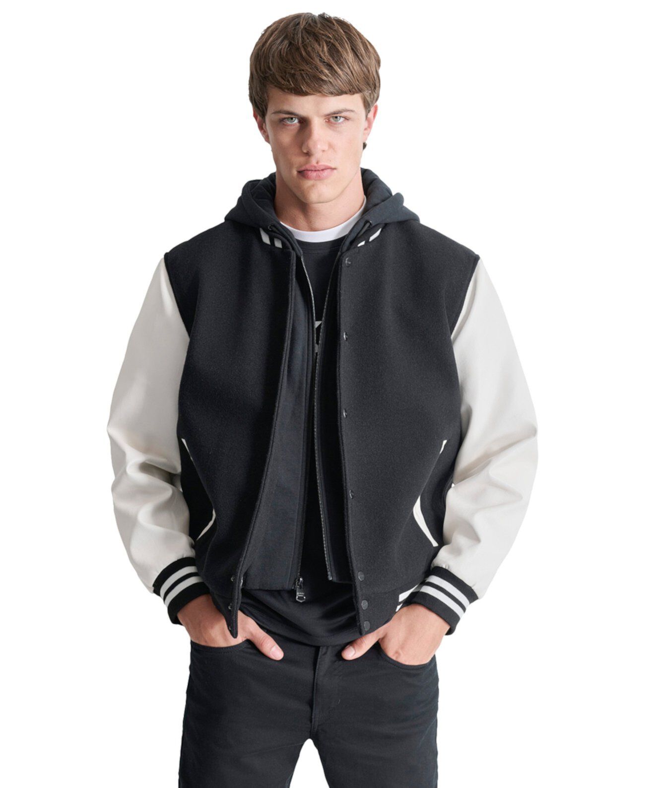 Мужская куртка DKNY varsity-стиля с цветными вставками и съемным капюшоном DKNY