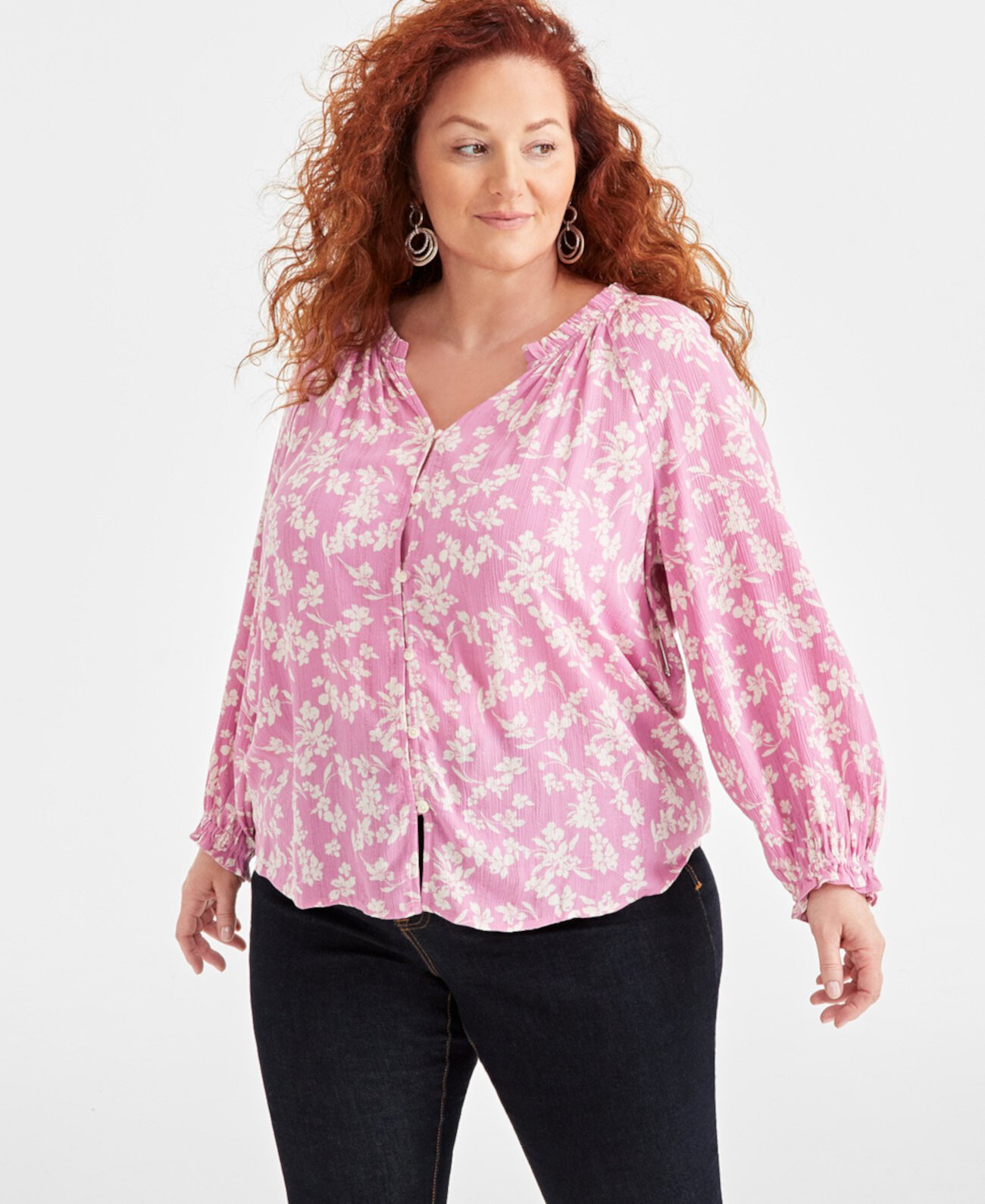 Plus Size Printed Shine V-Neck Blouse, Created for Macy's Style & Co