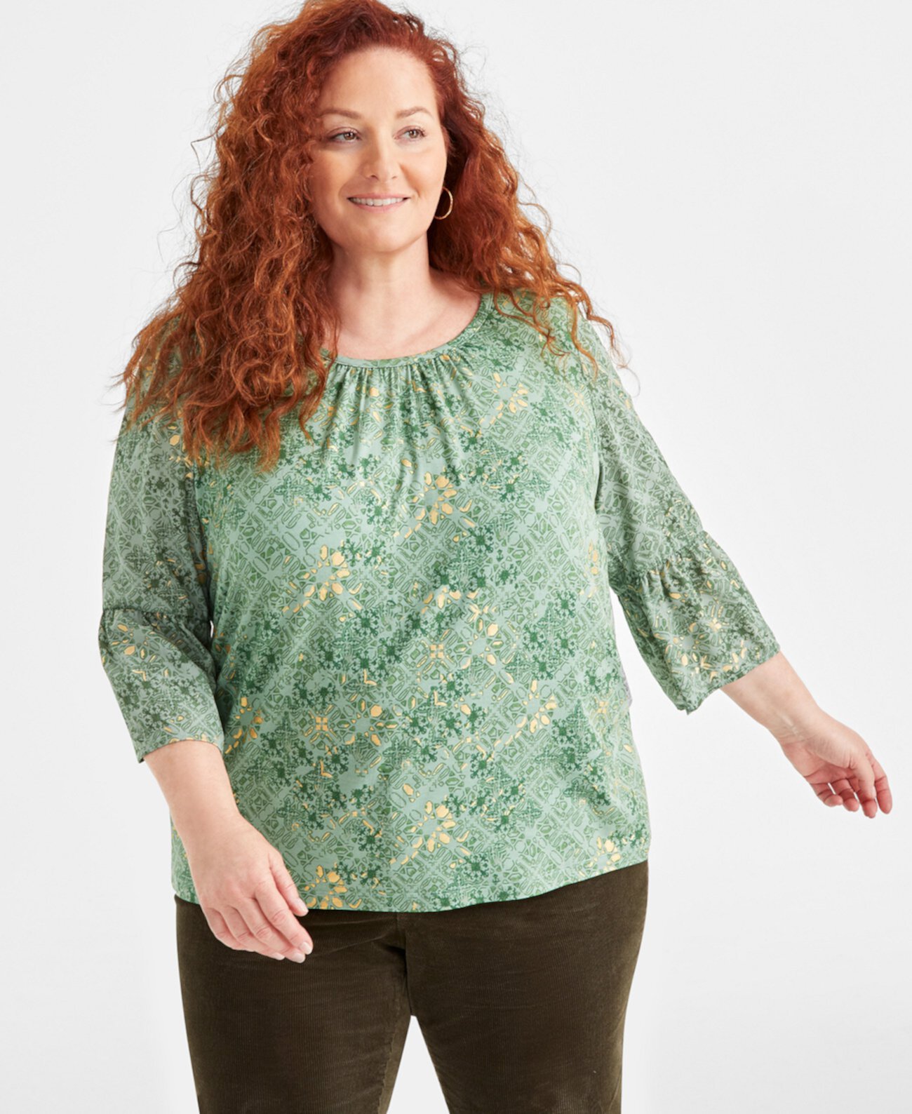 Plus Size Scandi Scoop-Neck 3/4-Sleeve Top, Created for Macy's Style & Co