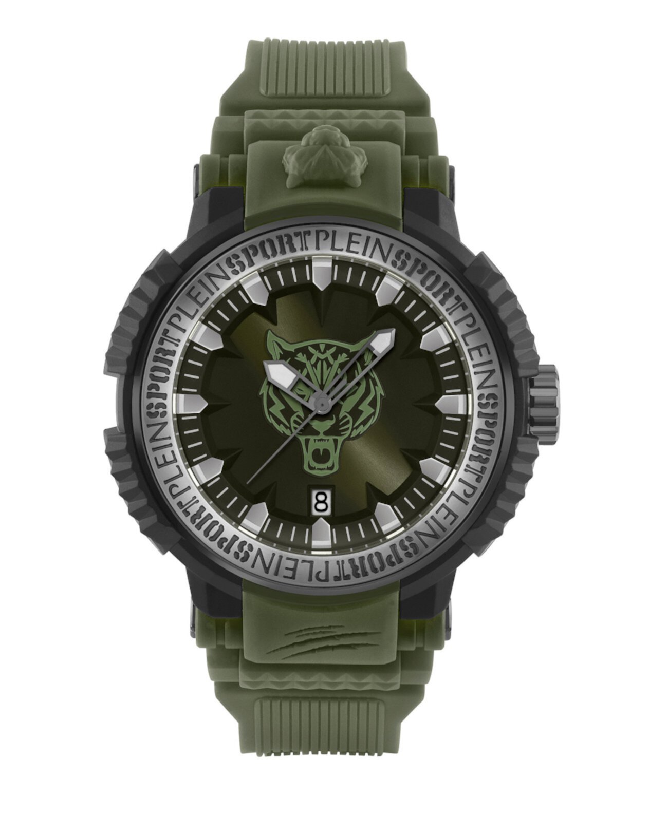 Кварцевые часы Plein Sport Tiger Power 45mm на зеленом силиконовом ремешке с датой Plein Sport