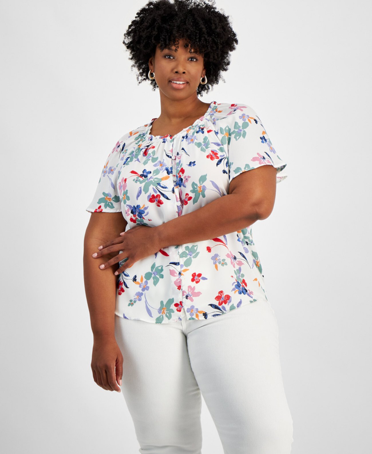 Plus Size Printed Round-Neck Flutter-Sleeve Top, Created for Macy's Style & Co