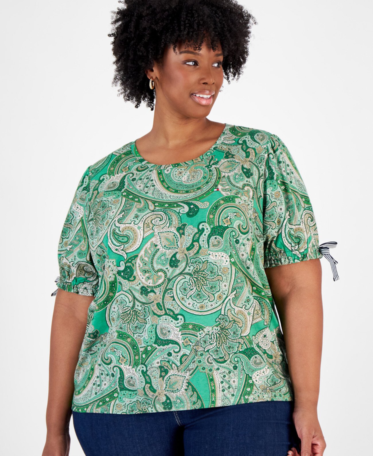 Plus Size Paisley-Print Tie-Sleeve Top Tommy Hilfiger