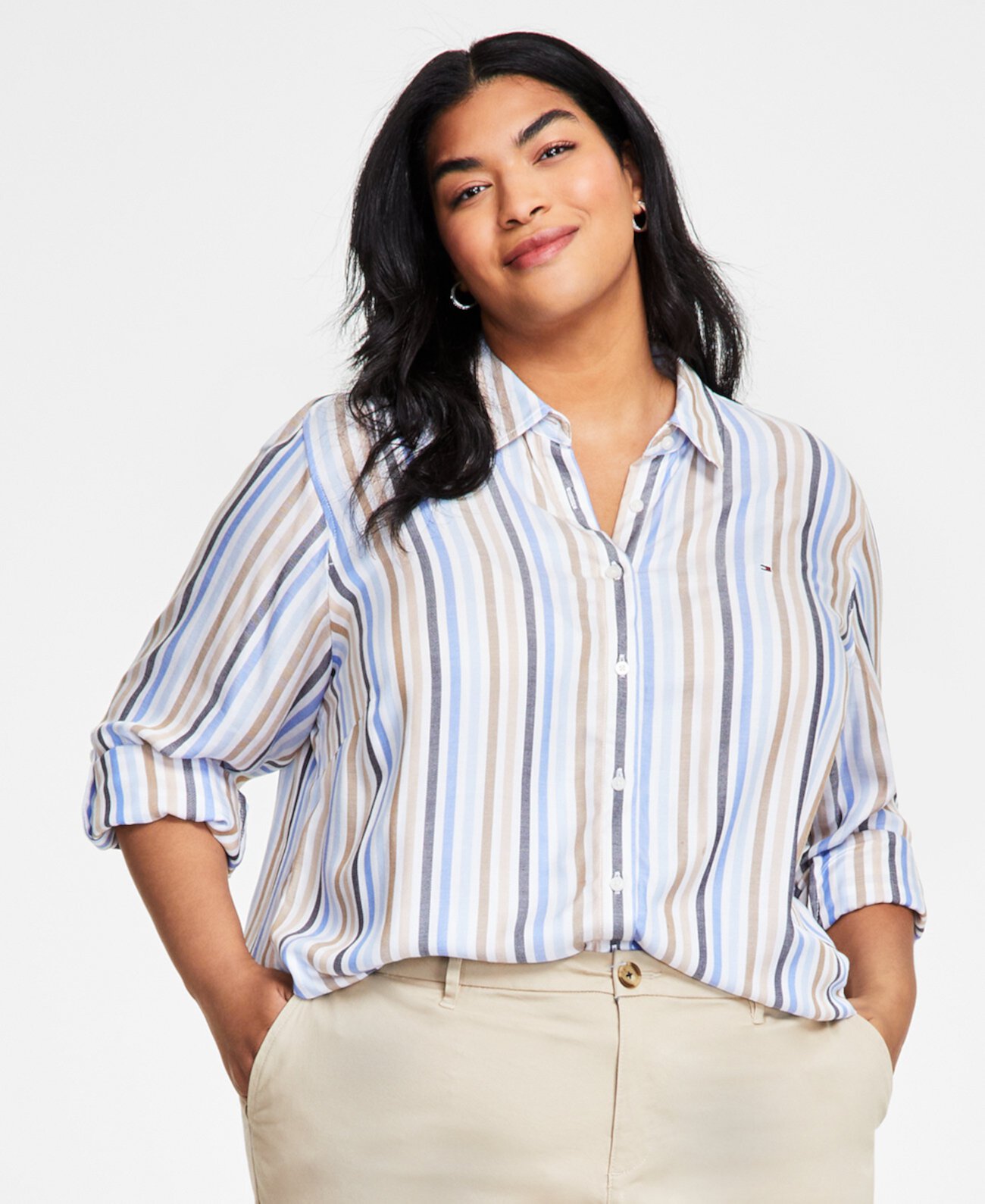 Plus Size Striped Roll-Tab Shirt Tommy Hilfiger