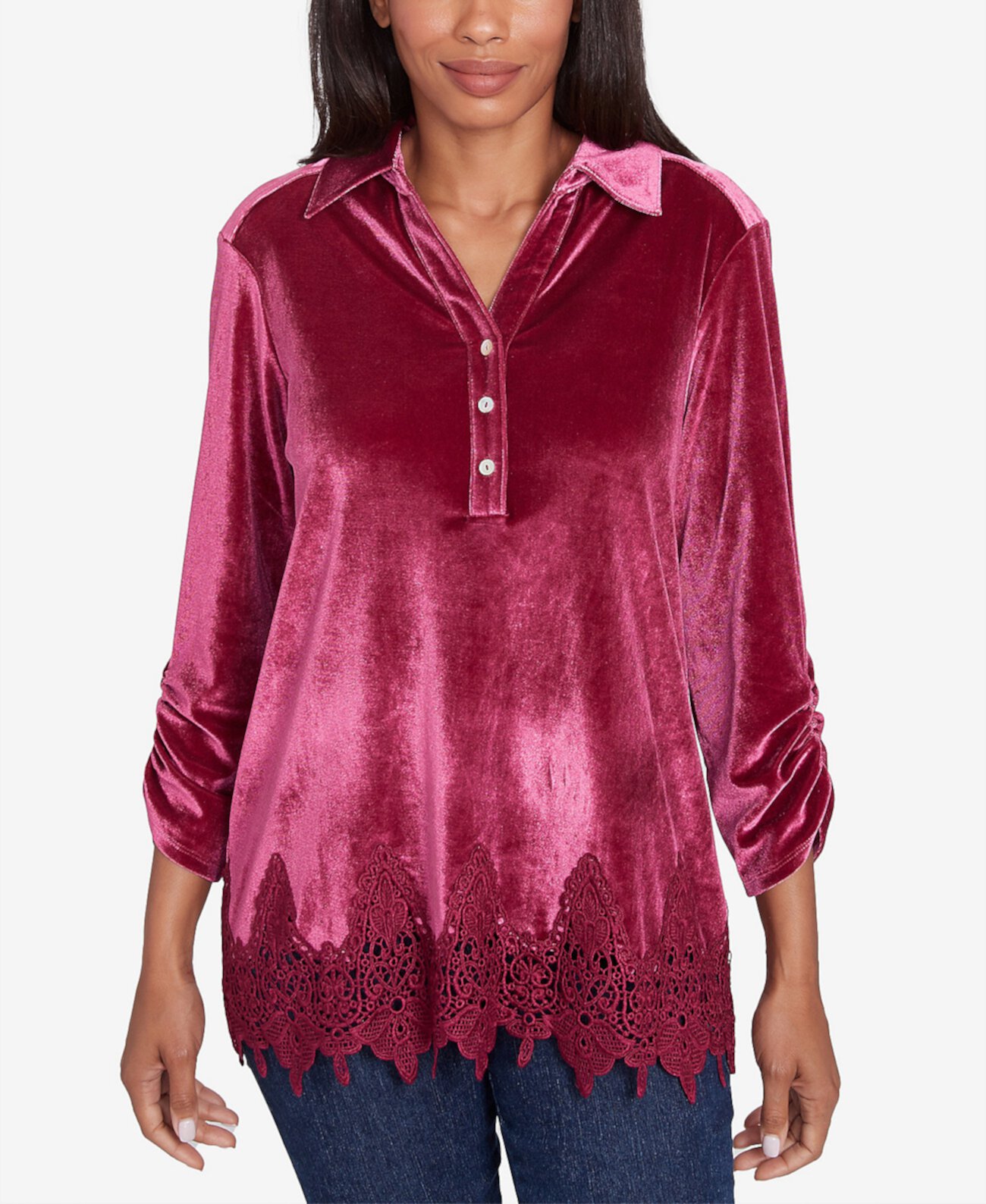 Женская Футболка Ruby Rd. Petite Stretch Velvet Lace Trim V-Neck Ruby Rd.