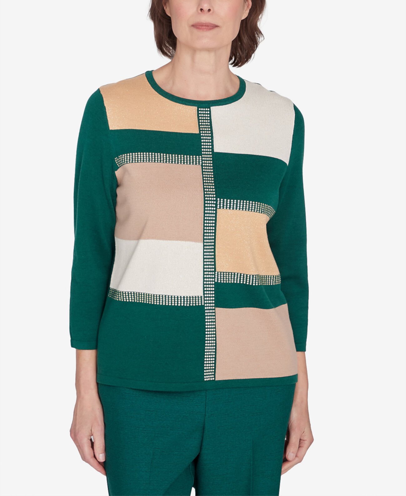 Женский Свитер Alfred Dunner Petite Emerald Isle Color Blocking Gold Trim Alfred Dunner