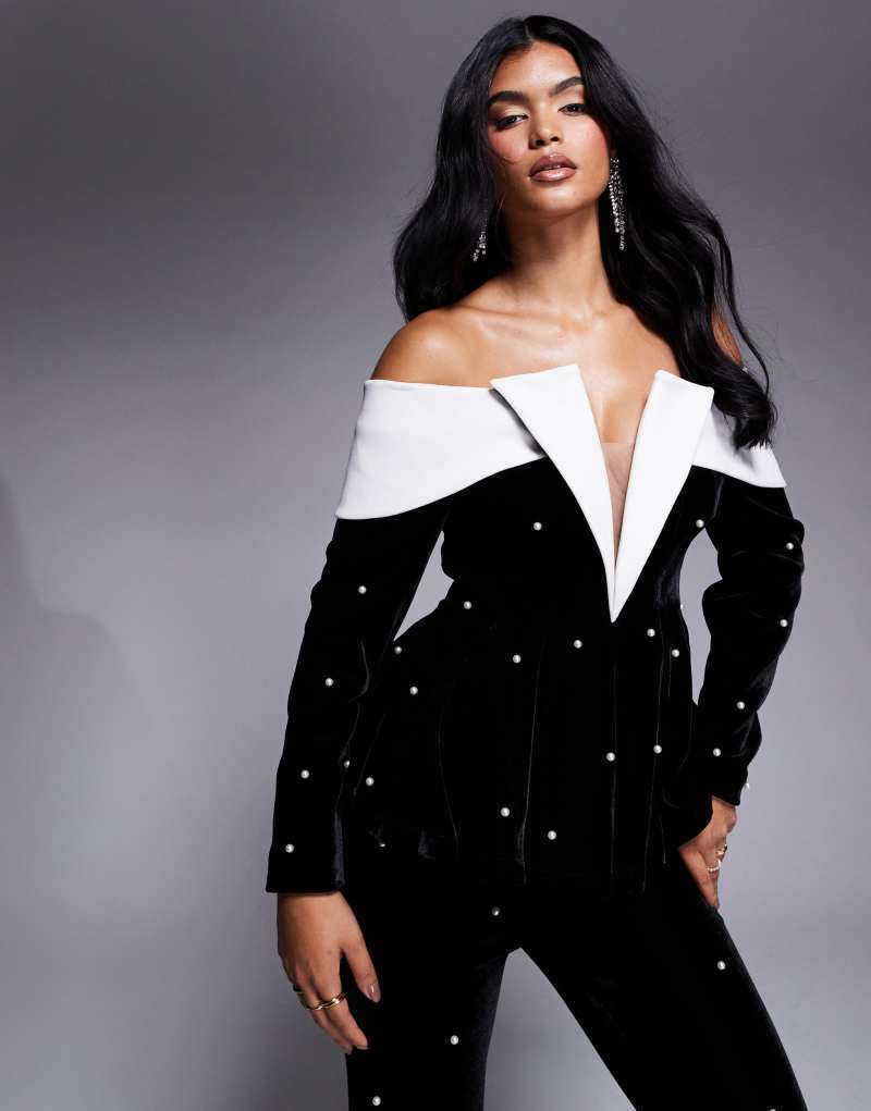 ASOS LUXE pearl embellished velvet off shoulder tailored blazer in black - part of a set ASOS Luxe