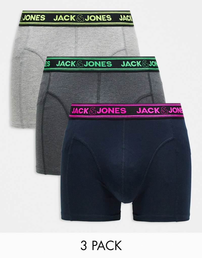 Мужские Боксеры Jack & Jones 3 упаковки с неоновым поясом в чёрном и сером Jack & Jones