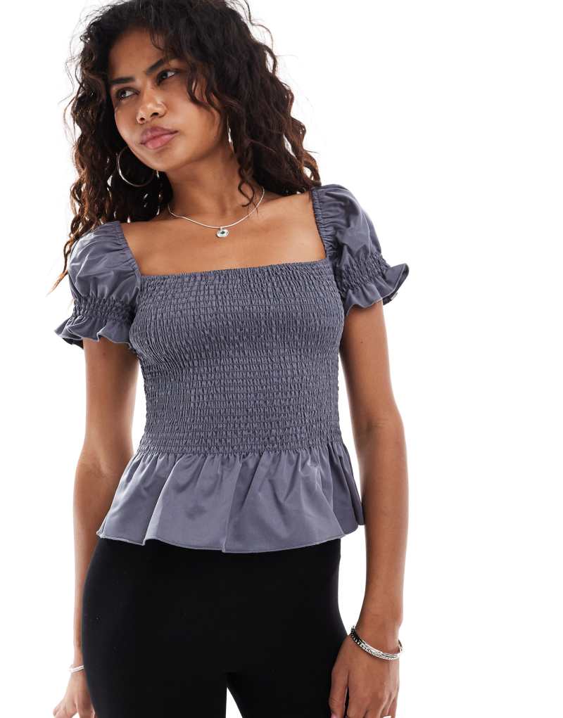 Motel Notina shirred puff sleeve blouse in gray Motel