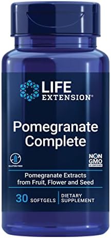 Life Extension Pomegranate Complete, Fruit Extract, Flower, Seed Oil Extract, Cardiovascular Health, antioxidant Support, superfood Supplement, Gluten Free, Non-GMO, 30 softgels Life Extension