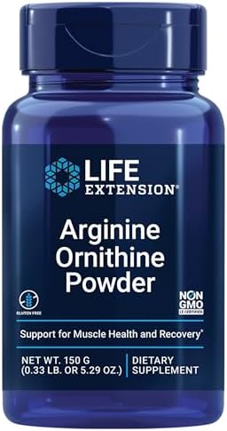 Life Extension Arginine Ornithine Powder (Порошок), Promotes Muscle Health & Recovery, Gluten Free, Non-GMO, net Weight 150 Grams Life Extension