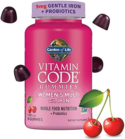 Women’s Multivitamin Gummy with Iron: Folate, Biotin, D3 & B12 for Hair, Skin & Nails + Probiotics for Immune Health & Digestion, Vitamin Code, Non-GMO, Gluten-Free, 90 Cherry Gummies (Жевательные конфеты), 30 Day Supply Garden of Life