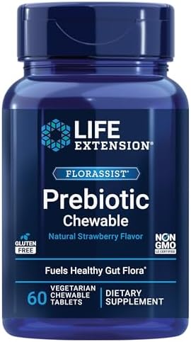 Life Extension FLORASSIST® Prebiotic Chewable (Strawberry), 1000 mg xylooligosaccharides, prebiotic Supplement Provides Fuel for Gut Flora, Gluten-Free, Non-GMO, Vegetarian, 60 chewable Tablets (Таблетки) Life Extension