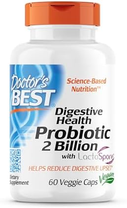 Doctor's Best Digestive Health Probiotic 2 Billion with Lactospore, Non-GMO, Vegan, Gluten Free, Soy Free, 60 Veggie Caps (Вегетарианские капсулы) (DRB-00464) Doctor's Best