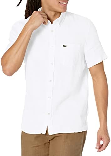 Lacoste Men's Short Sleeve Regular Fit Linen Button Down Shirt with Front Pocket Lacoste