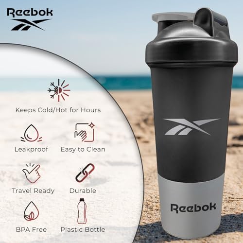 Reebok Shaker Bottle With Athletic Design - Shaker Bottles 17oz - Protein Shaker Bottle - Shaker Bottles For Gym, Running, Hiking etc - BPA Free (Black) Reebok