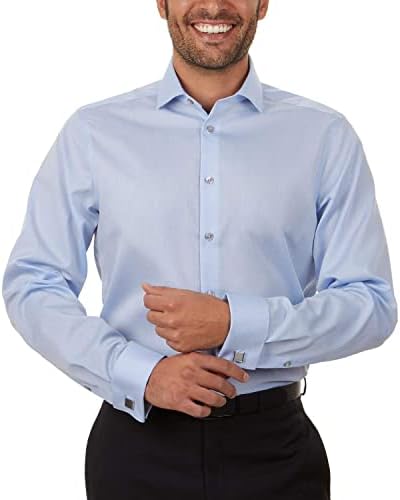 Calvin Klein Men's Non Iron Slim Fit Herringbone French Cuff Dress Shirt Shirt, Blue, 17.5" Neck 32"-33" Sleeve (X-Large) Calvin Klein