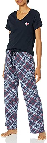 Tommy Hilfiger Women's Top Short Sleeve V-Neck and Heart Logo Pant Lounge Bottom Pajama Set Pj, 2Pc Tommy Hilfiger