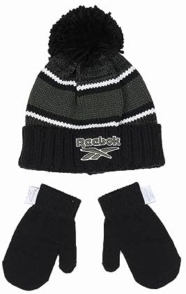 Reebok 2-Piece Baby/Toddler Winter Hat and Mittens Set Warm Knitted Pom Beanie & Gloves Kids Cozy Cold Weather Accessories Reebok