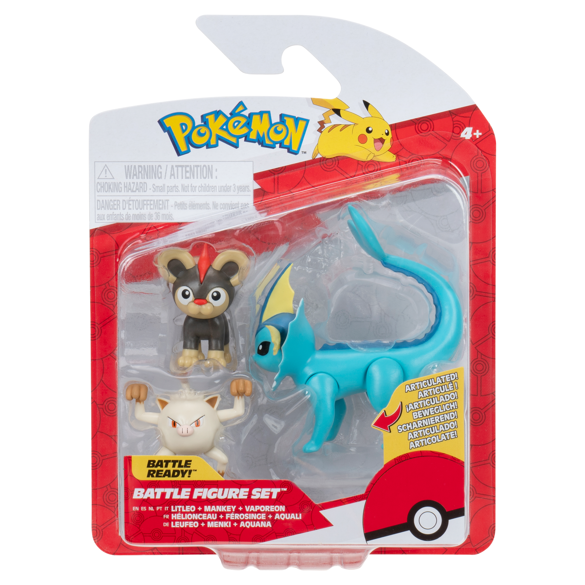 Pokemon Battle Figure 3 Pack - Features 2 inch Litleo and Mankey and 3 inch Vaporeon Battle Figures Pokemon