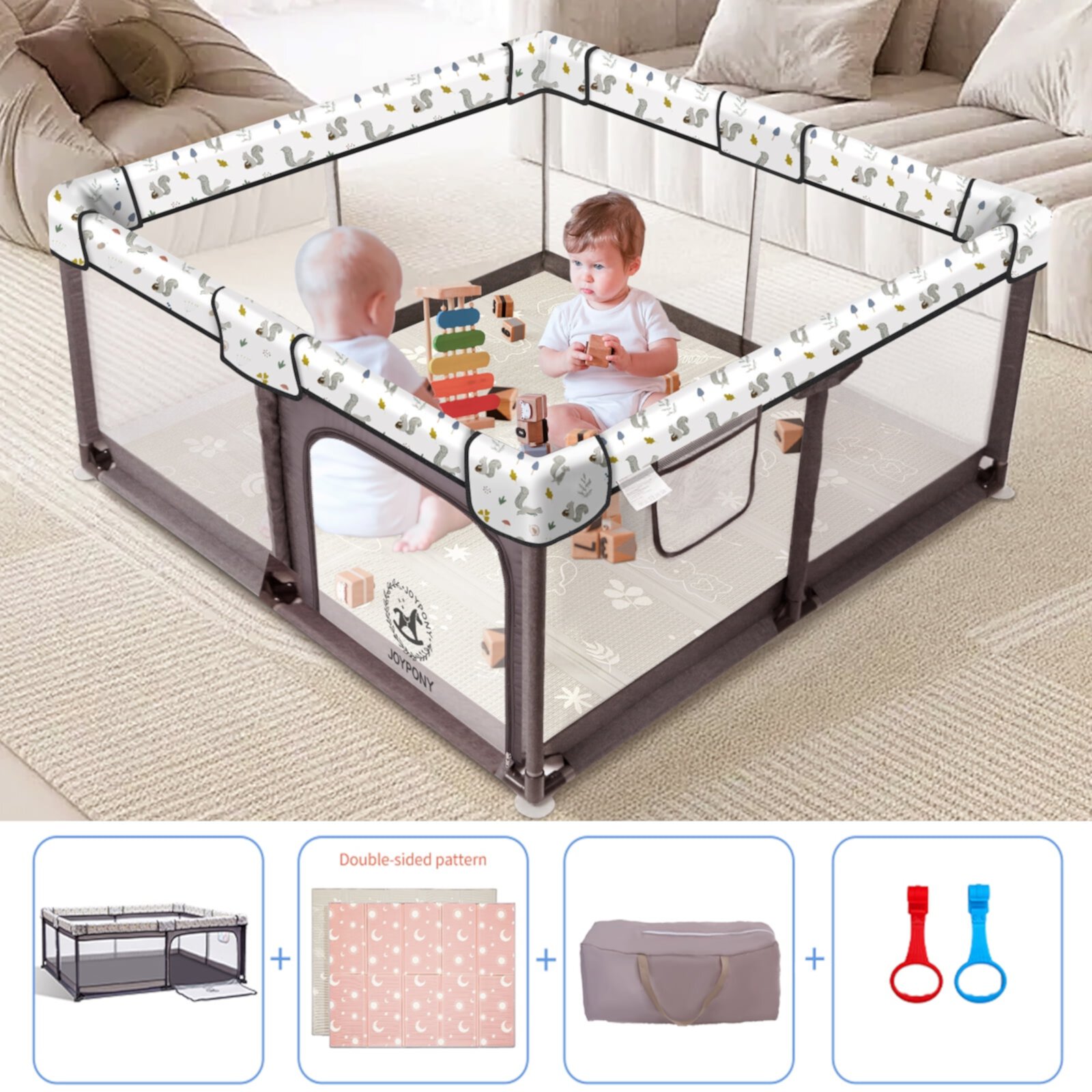 Joypony 50x50 inch Baby Playpen with Baby Mat - Large Playpen for Babies and Toddlers with Soft Mesh Walls - Kids Activity Center Joypony