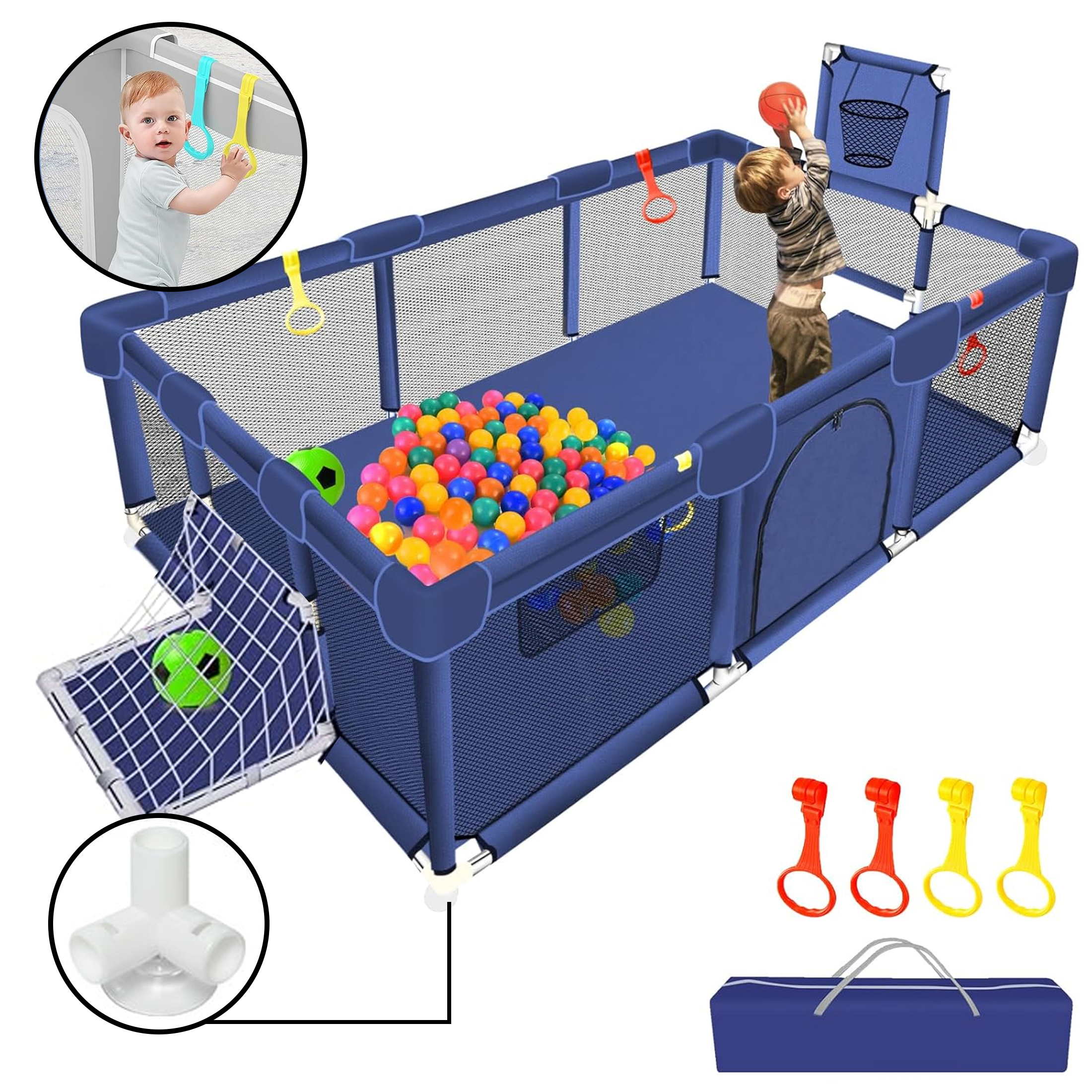 HioHa Large Baby Playpen, Big Playard with Basketball Hoop, Portable Play Yard Baby Fences with Storage Bag for Infant Toddler HioHa