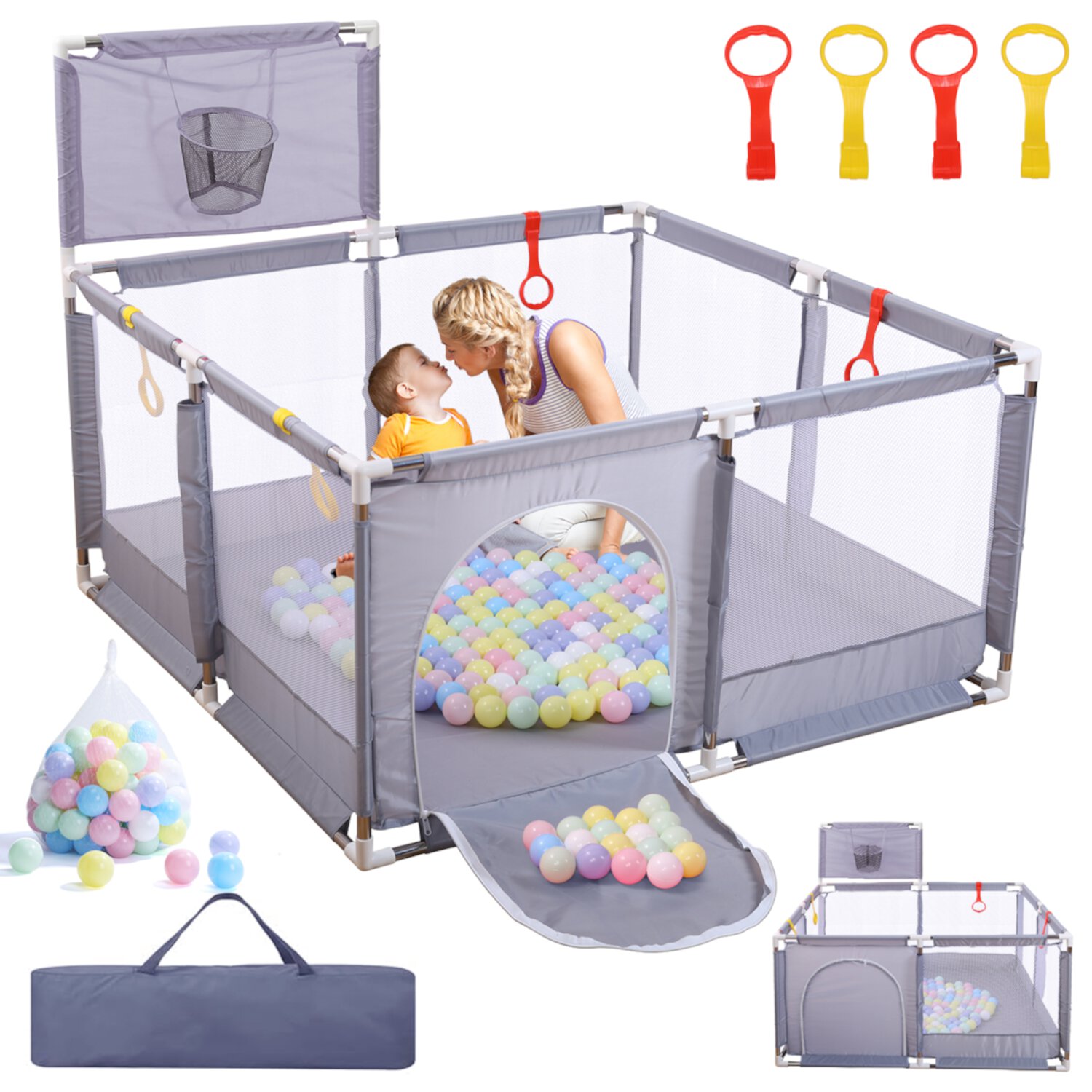 JoyStone Baby Playpen with 30 Ocean Ball, 50 x 50 inch Baby Playard, Baby Fence with Soft Breathable Mesh & Basketball Hoop, Grey JoyStone