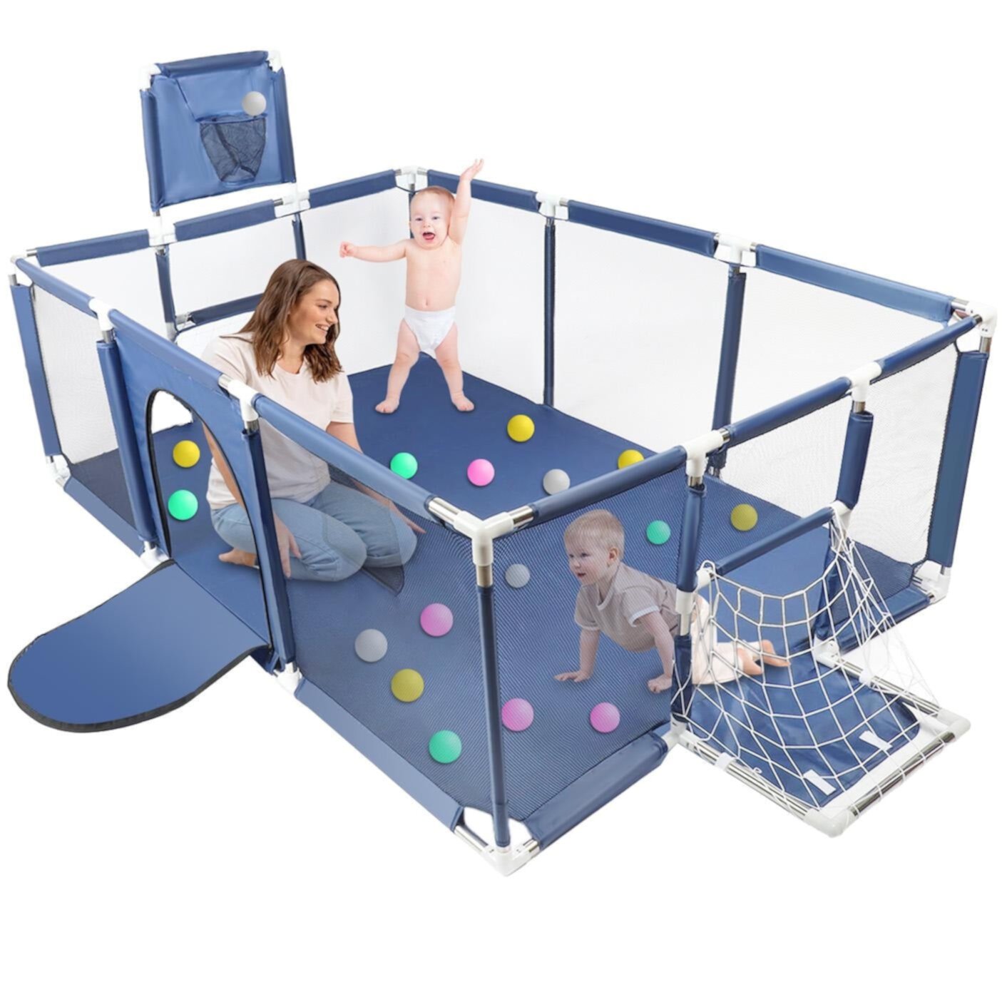 Mgaxyff Extra Large Playpen for Toddlers, 71 inch Baby Playpen with Basketball Hoop, No Gap Kids Playpen Fence Play Area with Door/Soccer Net, Ball Pits for Toddlers, Infant Safety Gates(No Balls) Mgaxyff