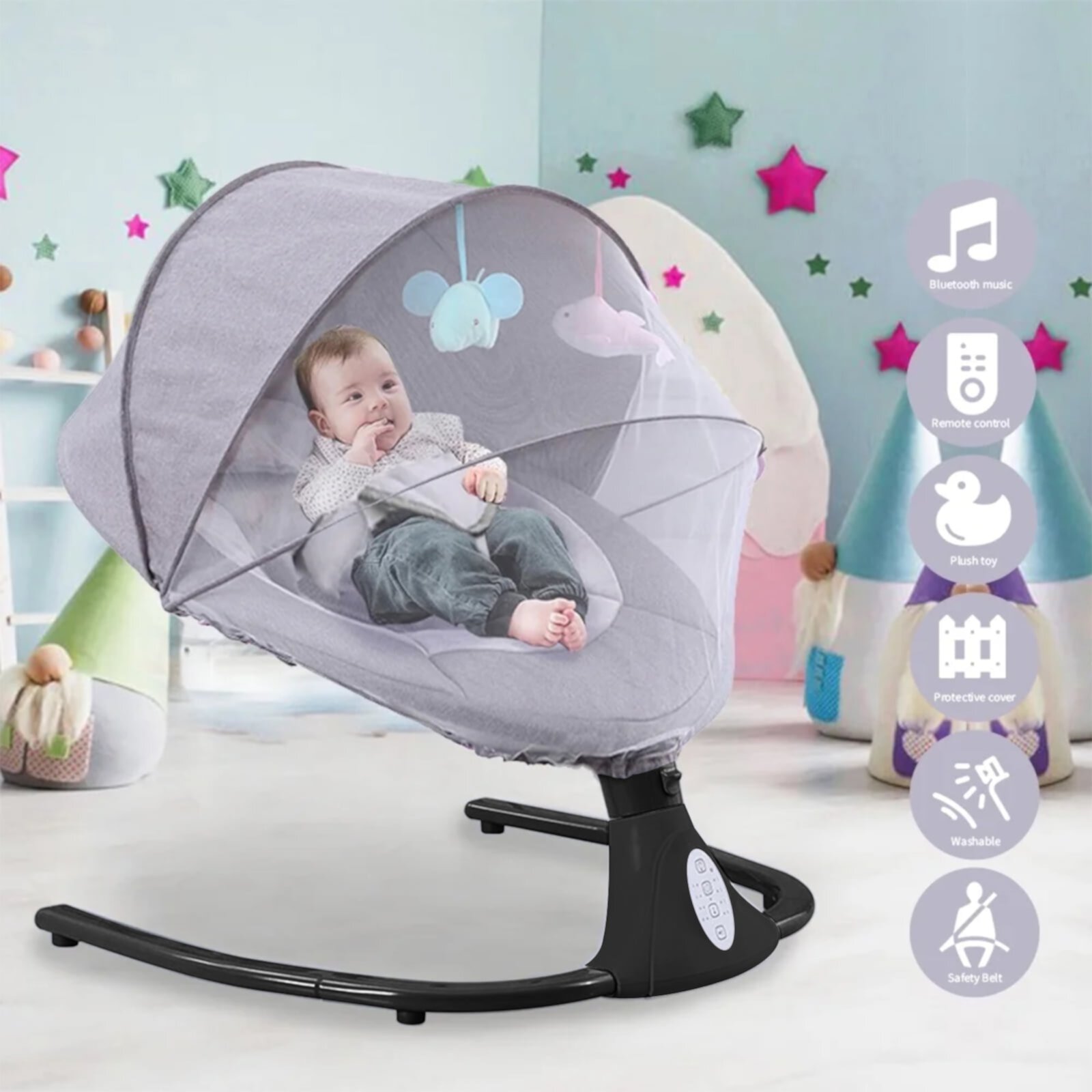 HAOUUCYIN Electric Baby Swing, bluetooth Music Infant Bouncer with 12 Lullabies for Boys Girls, Black&Gray HAOUUCYIN