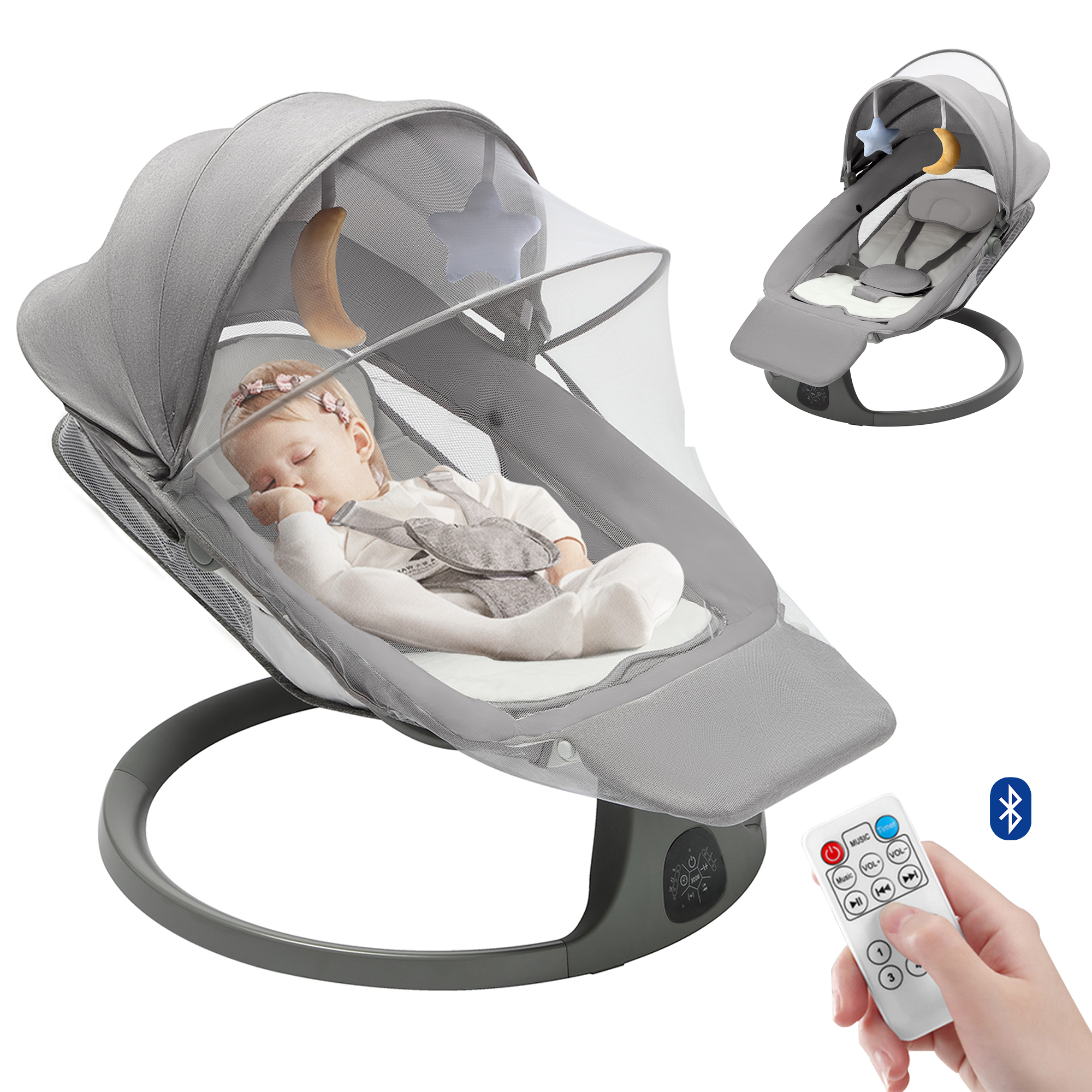 Arcwares Baby Swing, Intelligent Induction Baby Swings for Infants, Bluetooth Music&Remote Control, Five-Point Seat Belt & 5 Speed Settings, USB & Adapter - Gray Arcwares