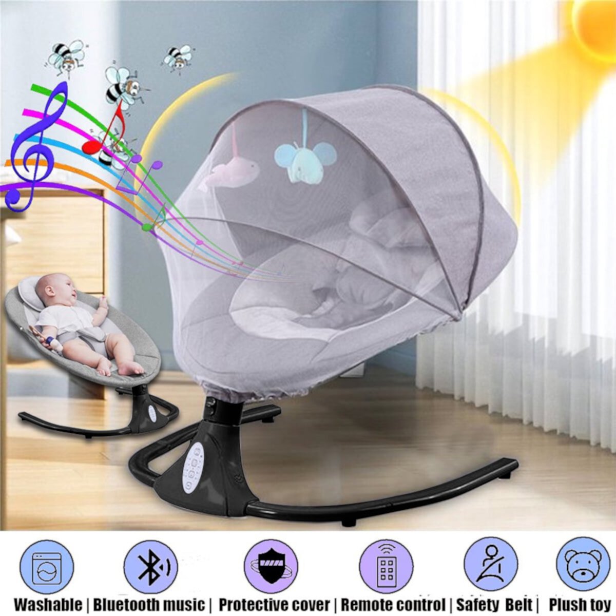 MONEHANE Electric Smart Baby Swing Seat For Infants with 12 Preset Lullabies and 4 Speeds Bluetooth Motorized Baby Swing Seat for Baby Boy Baby Girl, Gray & Black MONEHANE