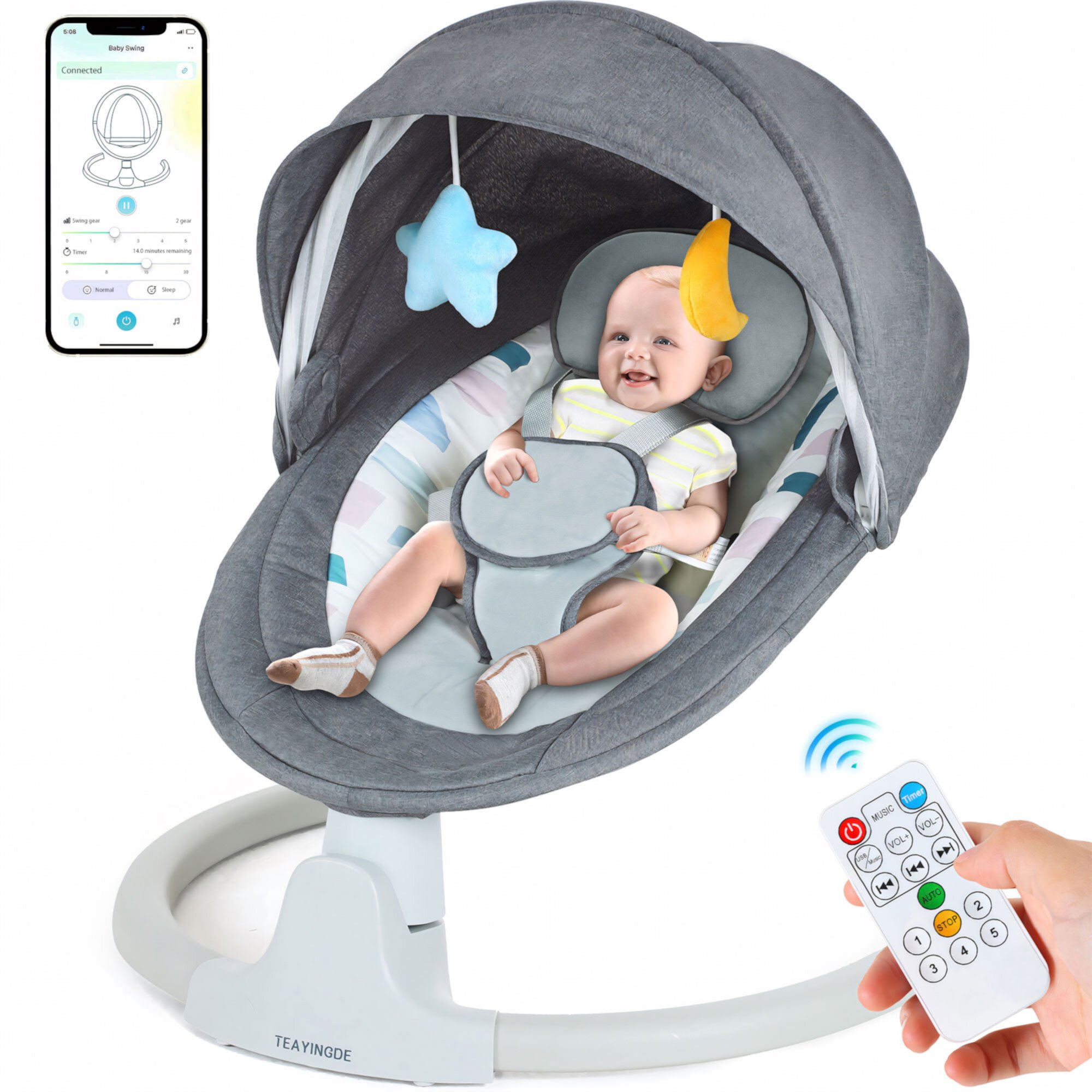 TEAYINGDE Baby Swing for Infants - APP Remote Bluetooth Control, 5 Speed Settings, 10 Lullabies, USB Plug (Gray) Visit the TEAYINGDE Store