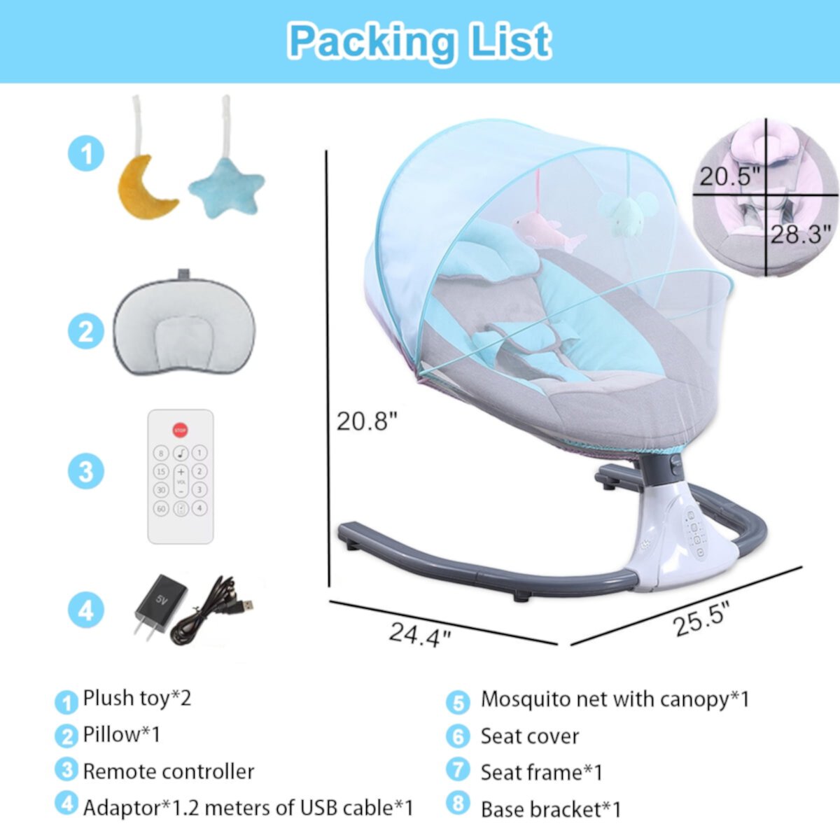 Electric Baby Swing for Infants - Bluetooth Music Speaker with 12 Lullabies and 4 Speeds, Remote Control, Gray RICHYOUNG