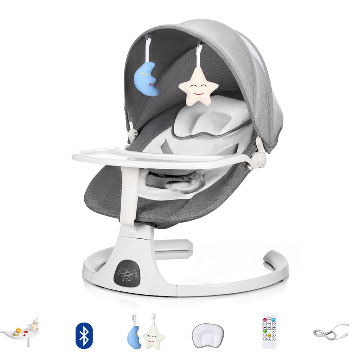 RICHYOUNG Baby Swing for Infants,Baby Rocker with Detachable Dinner Plate,Remote Control,5 Swing Speeds,3 Timing Settings,8 Lullabies,Gray RICHYOUNG