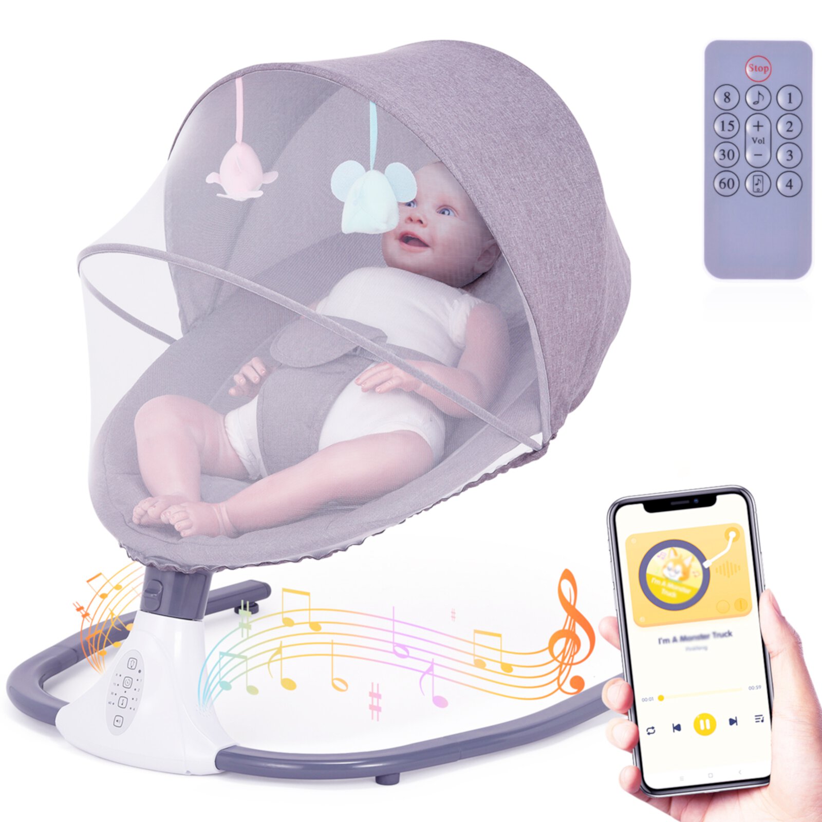 Baby Swing Chair  Kids Swing and Bouncer - Electric Baby Bouncer Chair with Remote Control and Mosquito Net: 4 Speeds & 4 Timer & 12 Preset Lullabies Supports BT Connection USB Flash Drive Kisdream