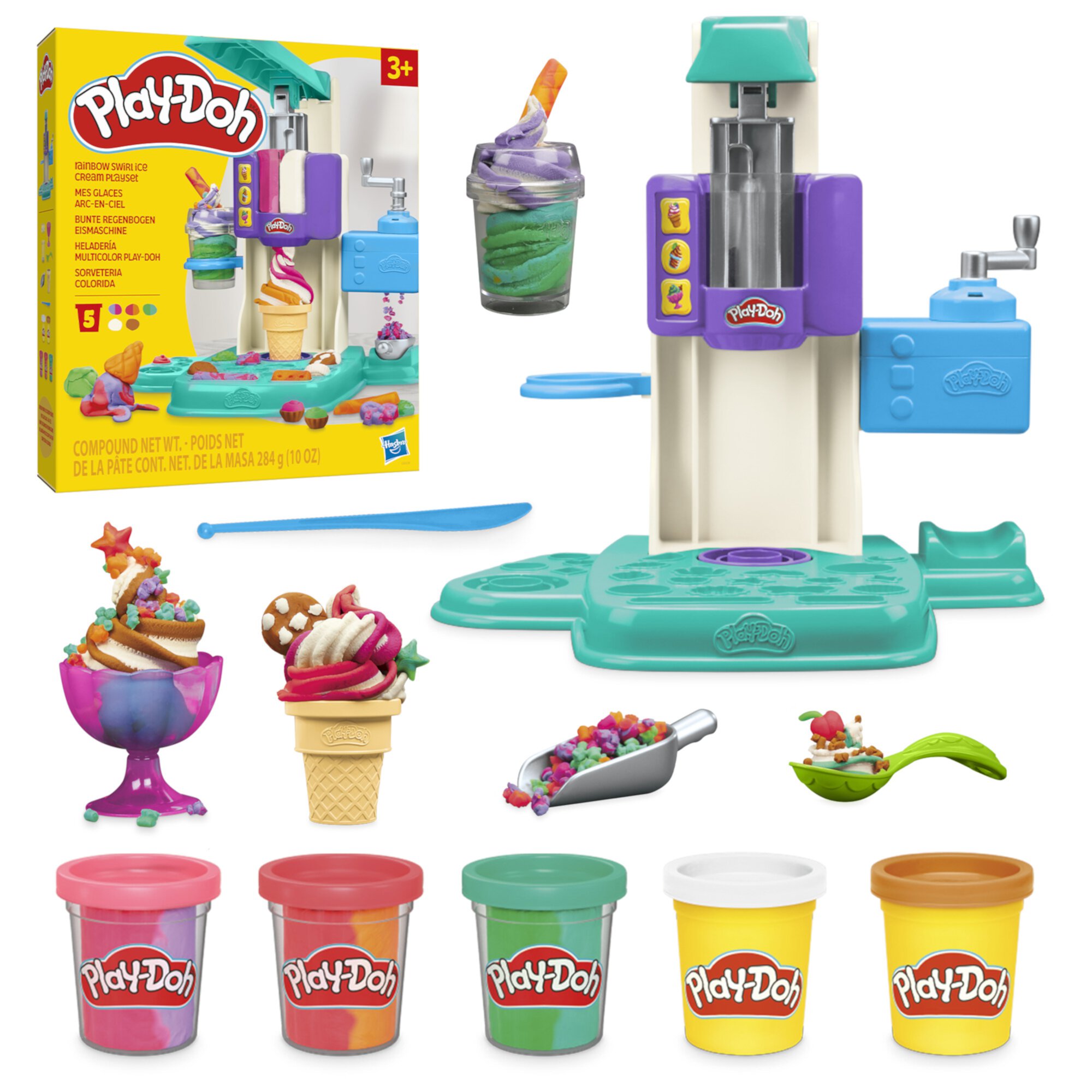 Play-Doh Rainbow Swirl Ice Cream Playset, 7 Pretend Play Kitchen Toys, 5 Cans, Preschool Toys, Christmas Gifts for Girls & Boys, 3+ Play-Doh