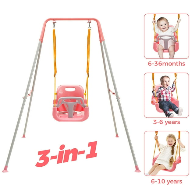 FUNLIO 3-in-1 Swing Set for Toddler with 4 Sandbags, Foldable Metal Stand, Indoor/Outdoor - Pink FUNLIO