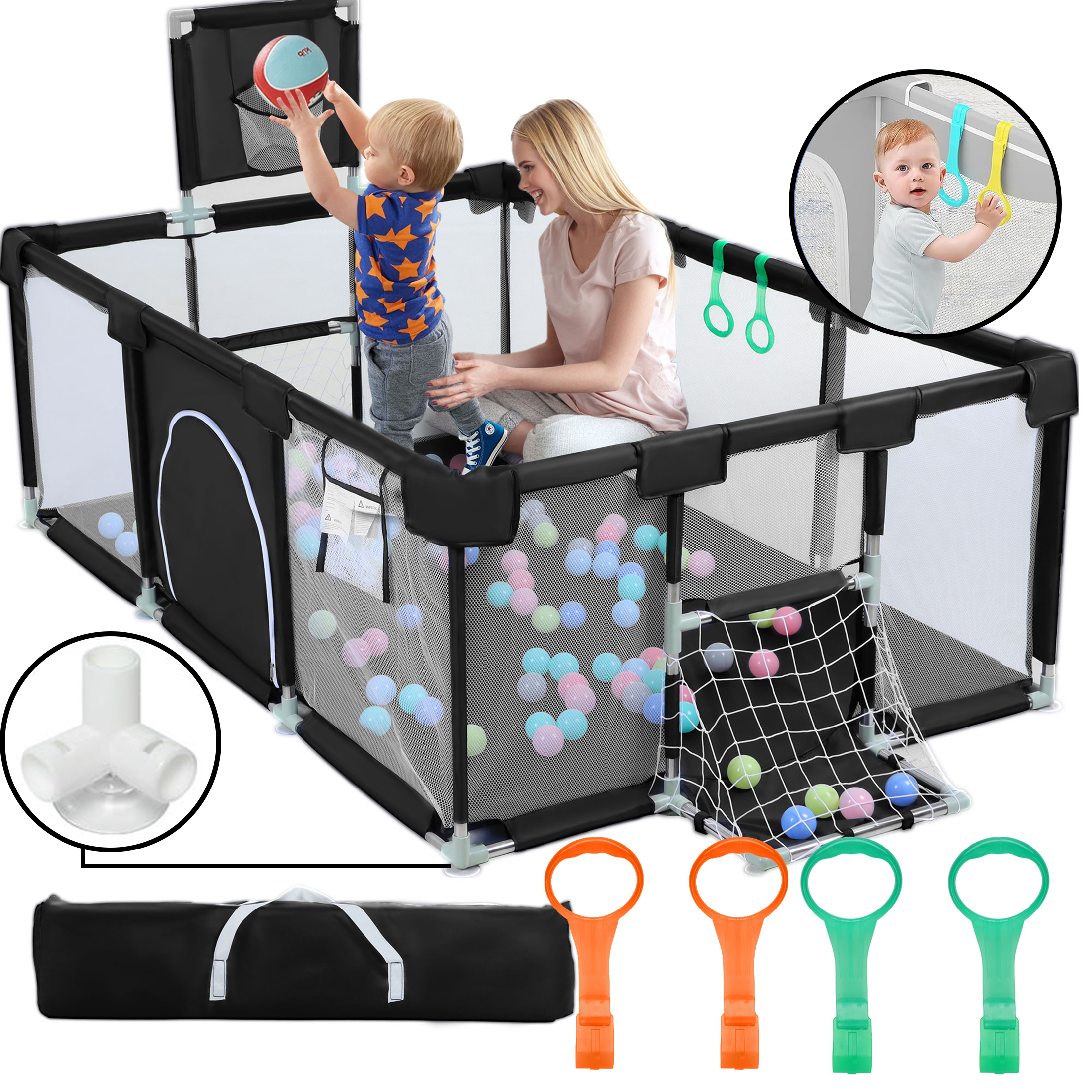 HioHa Large Baby Playpen, Big Playard with Basketball Hoop, Portable Play Yard Baby Fences with Storage Bag for Infant Toddler HioHa