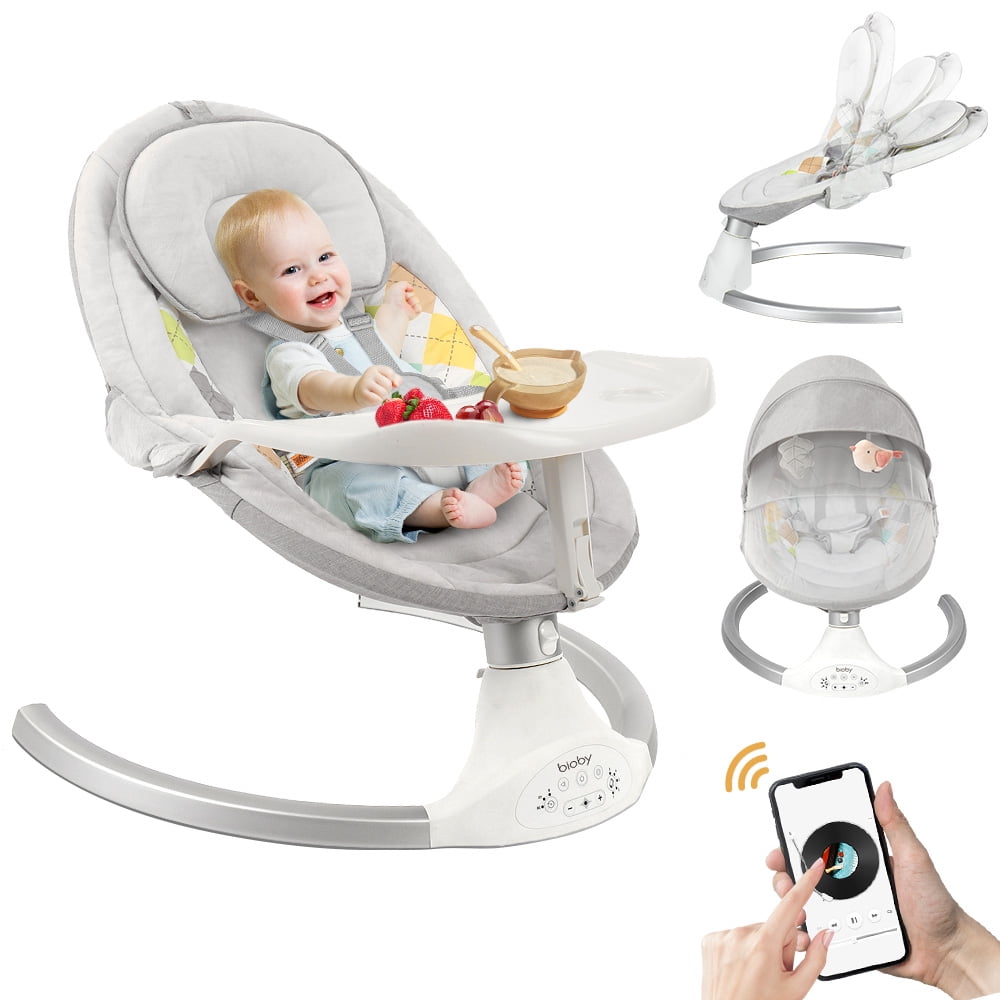 Baby Swing Chair for Infants, Baby Rocker with Dinner Plate, 5 Swing Speeds, Adapter Battery Operated, Indoor Outdoor, Grey Novashion