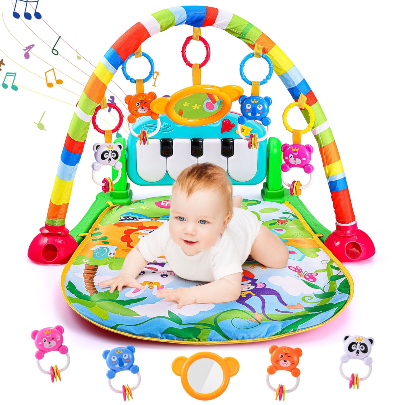 AOKESI Musical Baby Gyms Play Mats, Funny Play Piano Tummy Time Baby Activity Gym Mat with 5 Infant Learning Sensory Baby Toys, Music and Lights, Baby Play Mat for Infant 0 to 12 Months+, Green AOKESI