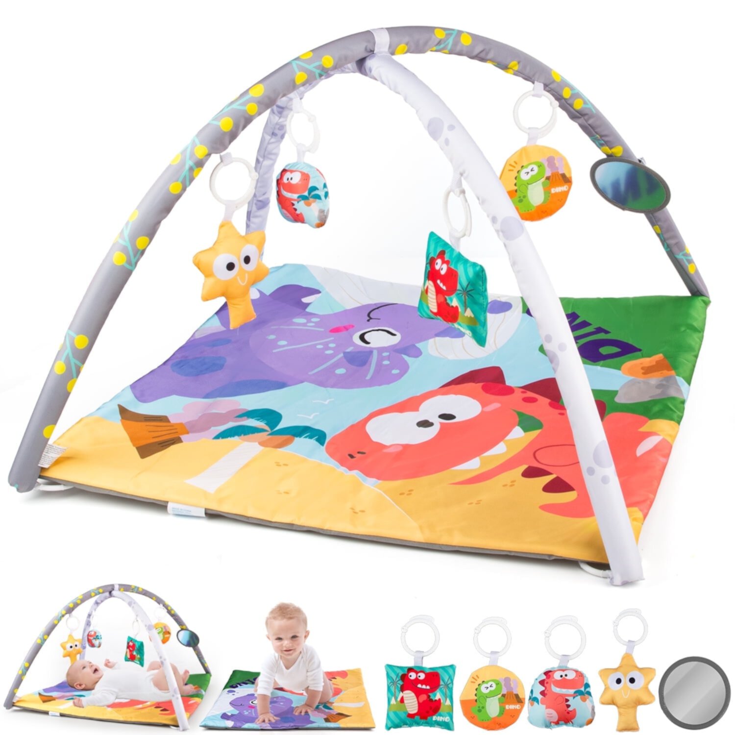 UUSUOO Baby Gym Play Mat,Tummy Time Mat With 5 Sensory Toys,Baby Activity Gym Mat for Visual, Hearing, Sensory,Motor Development,Christmas Gifts Baby Crawling Mat for Infant 0-3-6-9-12 Month UUSUOO