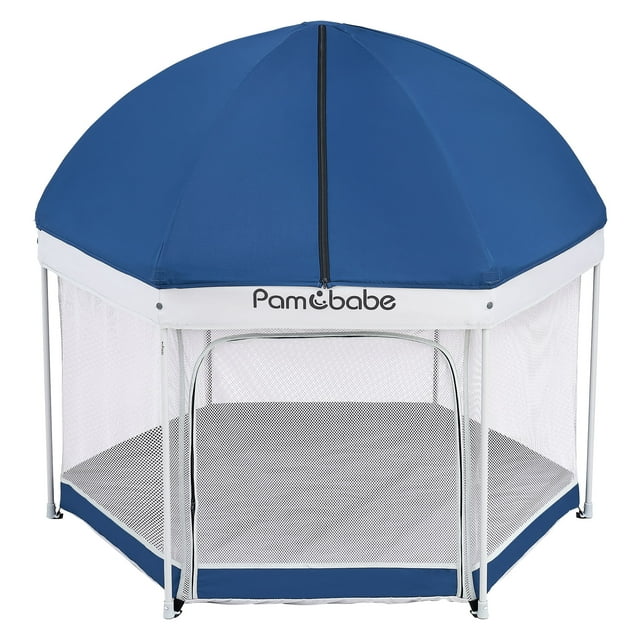 Pamo Babe Unisex Premium Indoor and Outdoor Baby Playpen - Portable, Lightweight, Toddler Play Yard w/Canopy and Travel Bag - Blue Pamo babe