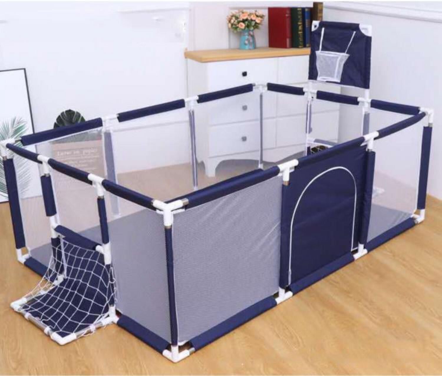 91 Inch Large Kid Baby Playpen Playard With Basketball Hoop,Folding Breathable Mesh Infant Children Play Game Fence for Indoors Outdoors Home YQSDG