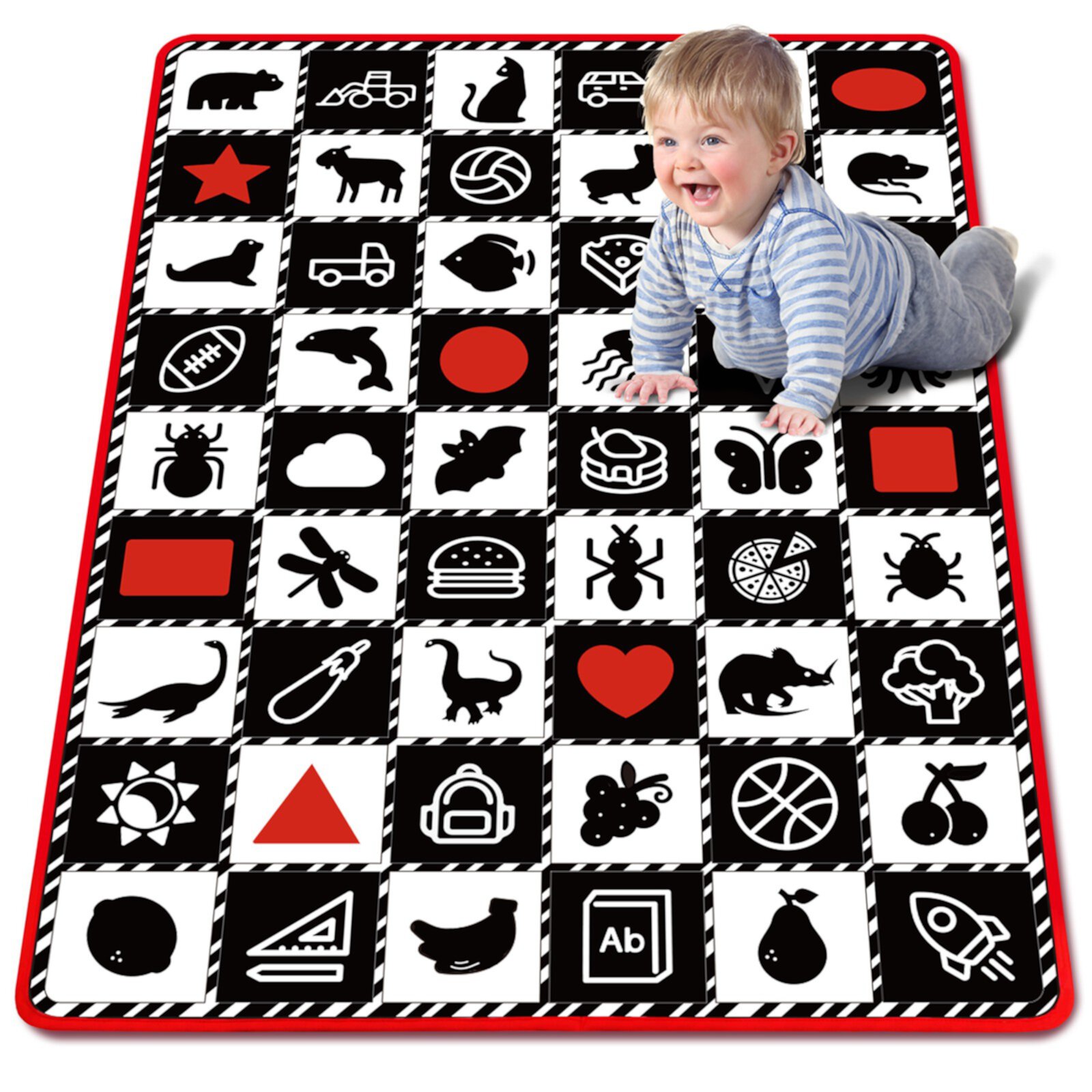 teytoy Baby Mat for Floor,Baby Tummy Time Mat- Black and White High Contrast Interactive Activities Mat,Baby Play Mats for Babies Newborn and Toddlers for Early Learning, Animal Fruits Shapes Vehicles Teytoy