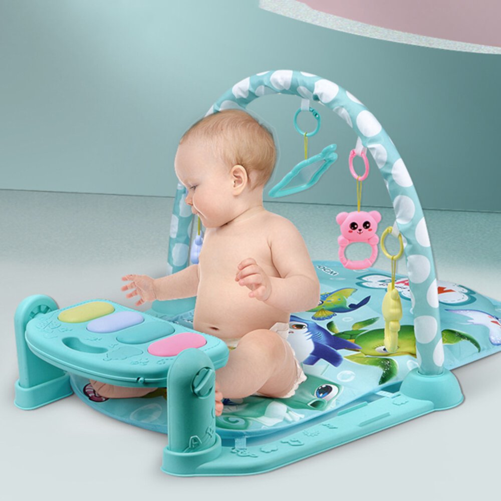 Baby Gym Play Mat 3 in 1 Fitness Music and Lights Fun Piano Activity Mat Infant Newborn Toys(Blue) RICHYOUNG