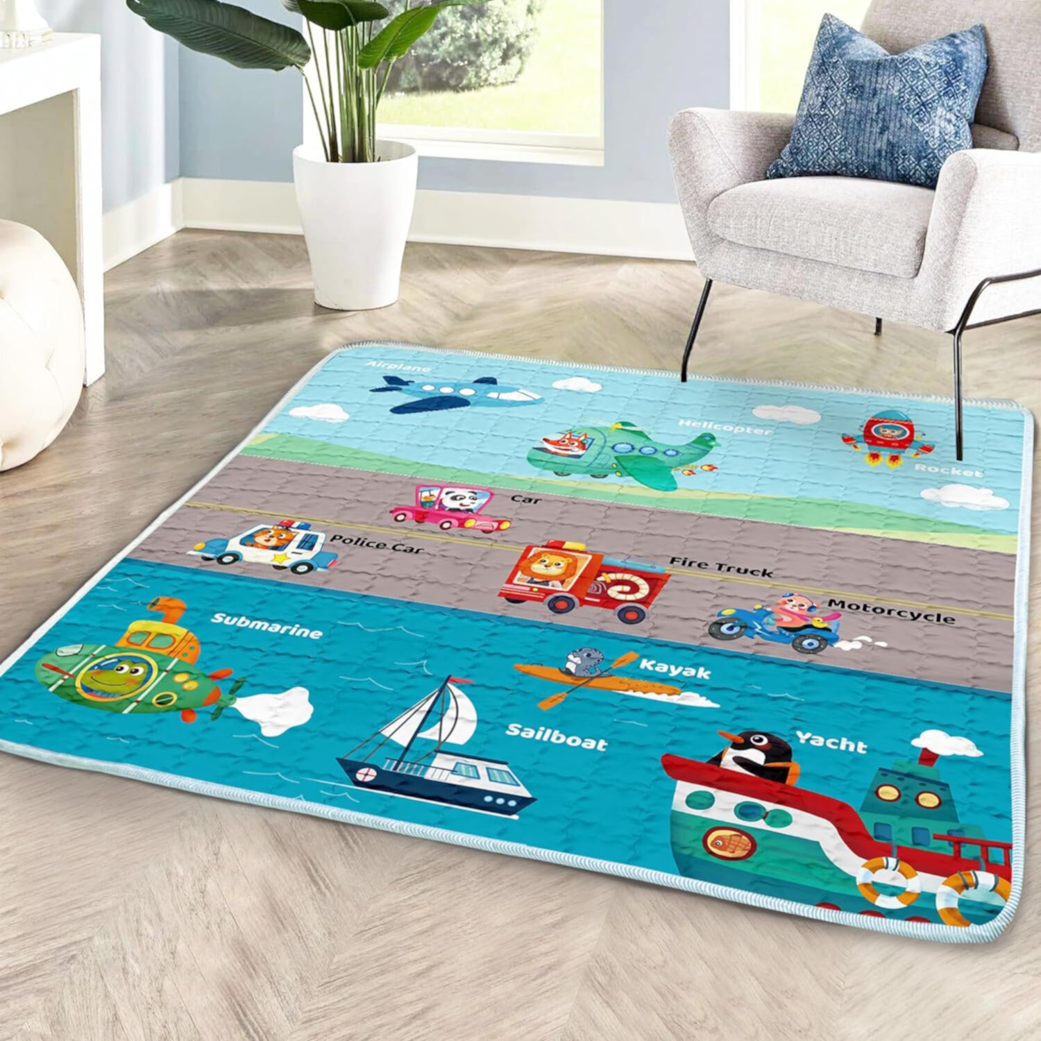 Baby Play Mat, 50x50 Playpen Mat with Super Soft Touch, Activity Mat with Upgraded Anti-Slip Bottom, Machine Washable Crawling Mat for Floor & Picnic (Vehicles) Beavtaens