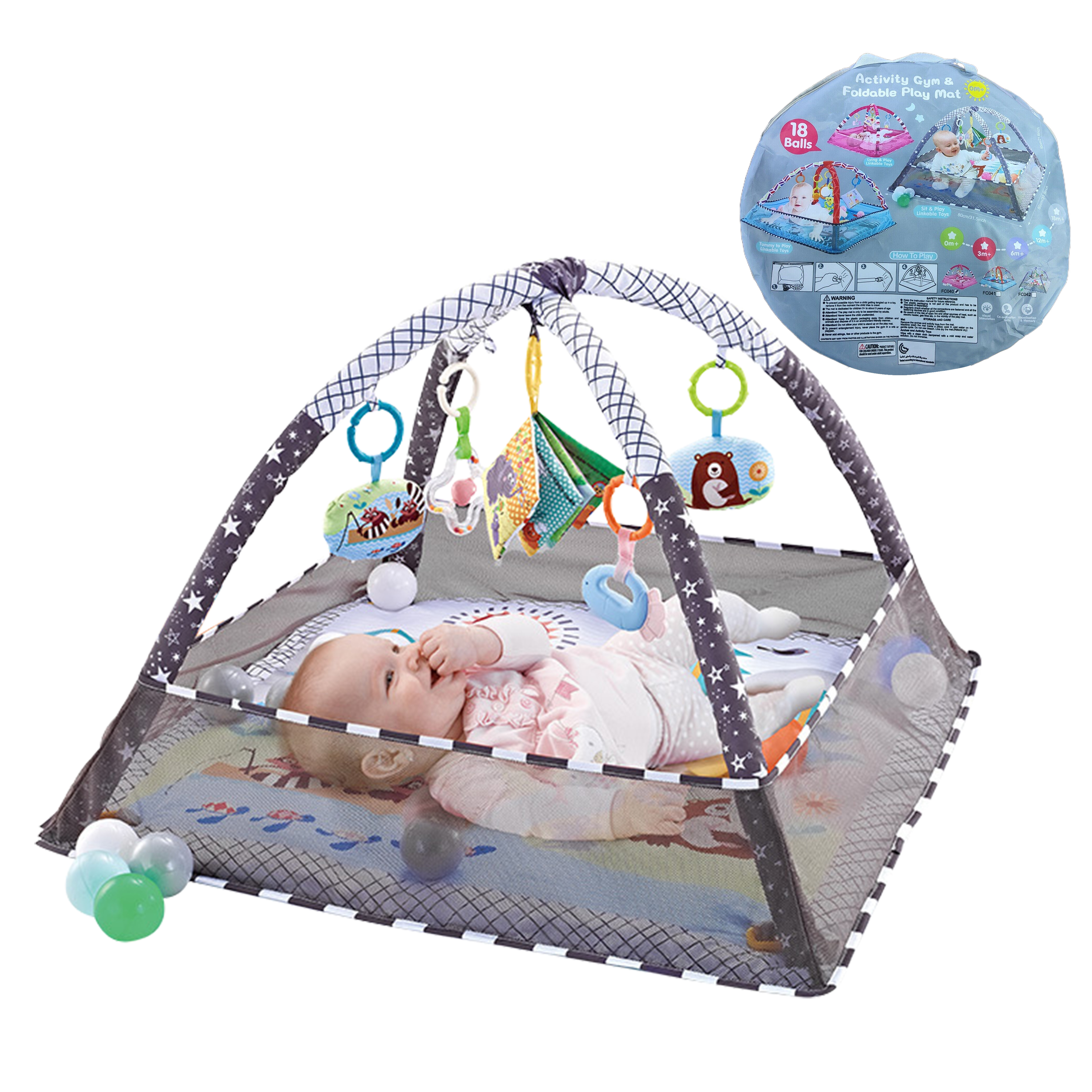 Baby Plays Mat Gym Activity Play Mat with 5 Hanging Toys & 18 Balls Infant Floor Crawling Mat Play Gym for Kids Boys & Girls Ltrototea