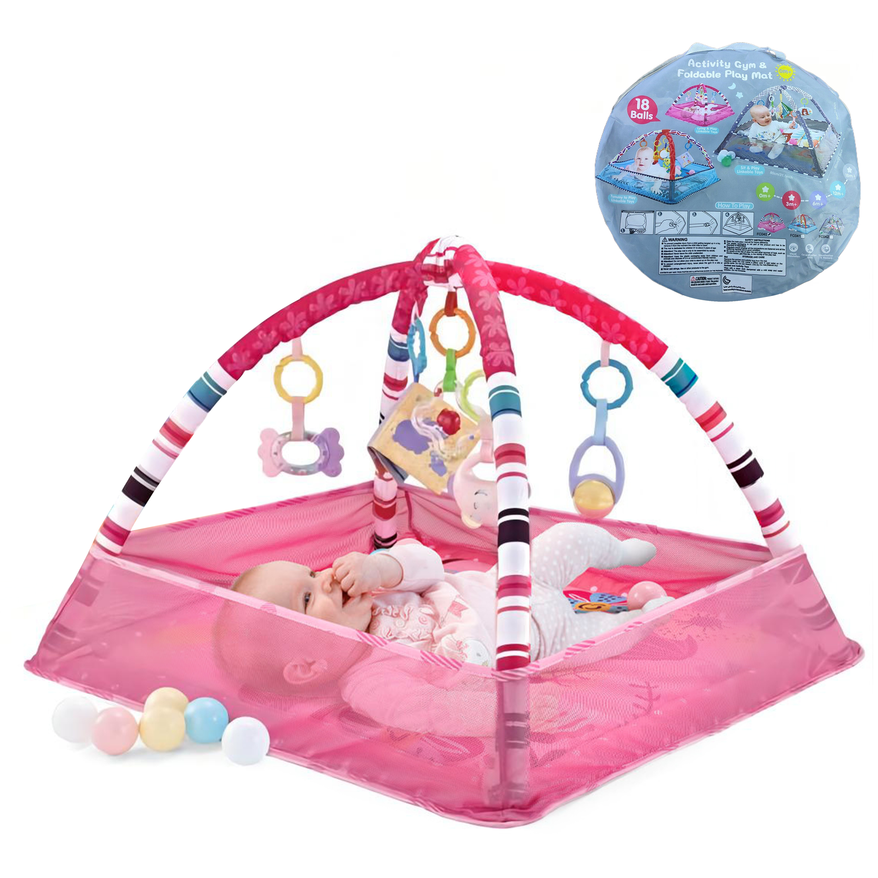 Baby Plays Mat Gym Activity Play Mat with 5 Hanging Toys & 18 Balls Infant Floor Crawling Mat Play Gym for Kids Boys & Girls Ltrototea