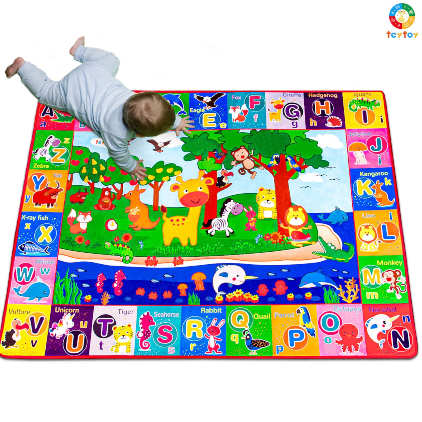 teytoy Baby Play Mats for Floor Cotton Playmat Baby Mats for Toddlers Crawlling Large Super Soft Thick (0.6cm), Foldable Non-Slip Children Carpet Kids Rug for Learning Animals ABC Teytoy