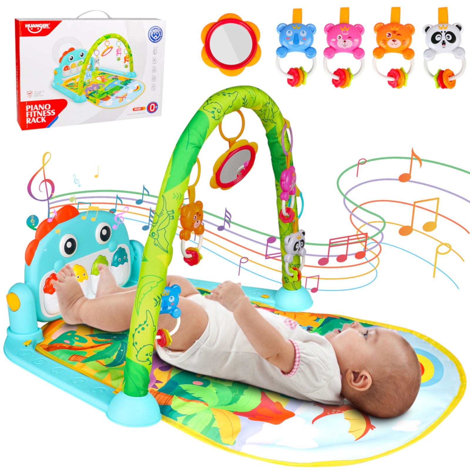 Freecat 2-in-1 Baby Play Gym Mat with Dinosaur Theme for 0-3 Months+, Light-up Musical Foot Piano and Activity Mat for Early Learning, Christmas Birthday Newborn Baby Gifts for Boys Girls Freecat