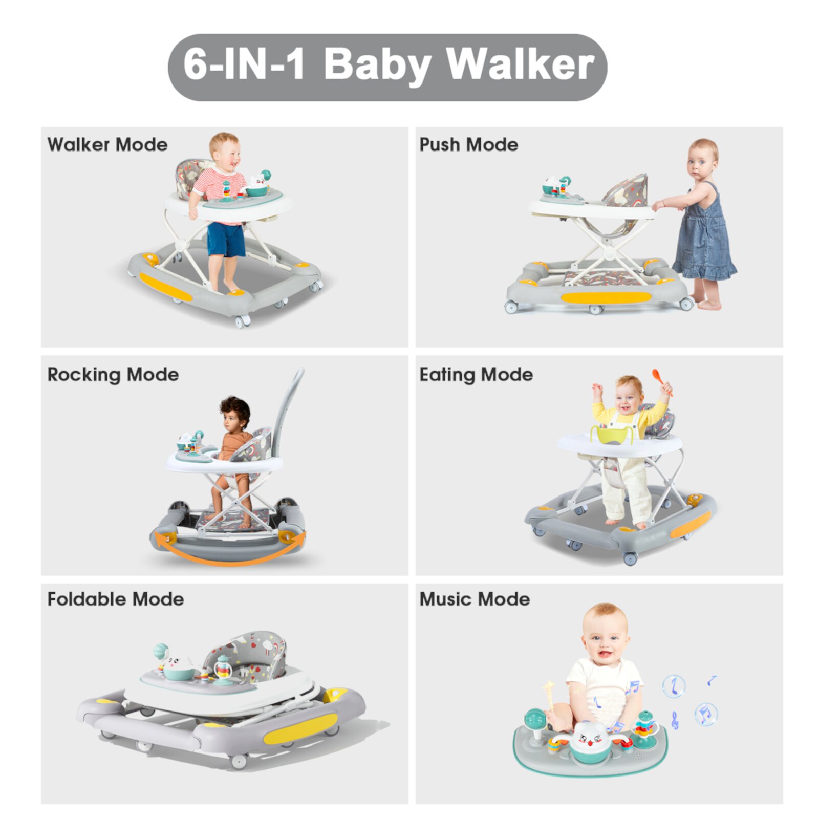 HAOUUCYIN 6-in-1 Baby Walker, Foldable Push Walker with Musical Activity Station, 6-24 Months, Gray Visit the HAOUUCYIN Store